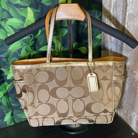 Coach Handbags - Coach tote. Brown with gold snake skin print trim. GUC❤️